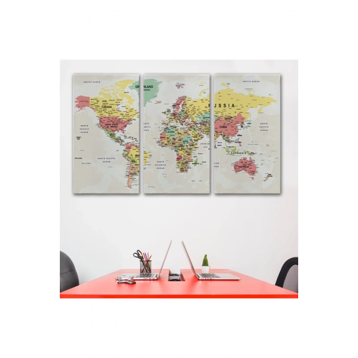 Dünya Haritası Son Derece Ayrıntılı Eğitici Okyanuslu Dekoratif Kanvas Tablo 2535