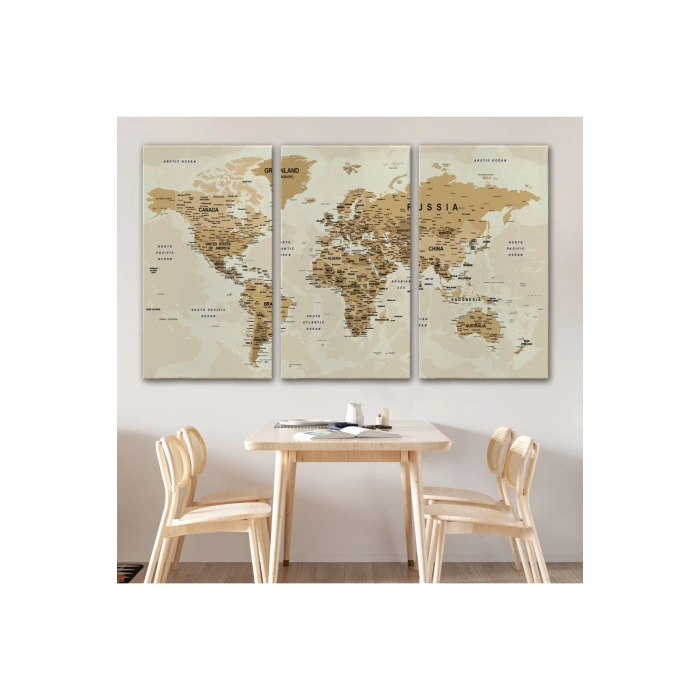 Dünya Haritası Son Derece Ayrıntılı Eğitici Okyanuslu Dekoratif Kanvas Tablo 2545