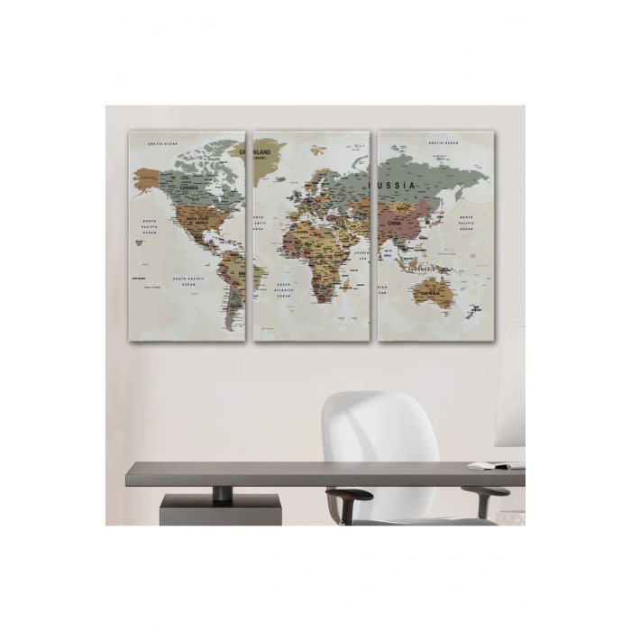 Dünya Haritası Son Derece Ayrıntılı Eğitici Okyanuslu Dekoratif Kanvas Tablo 2551