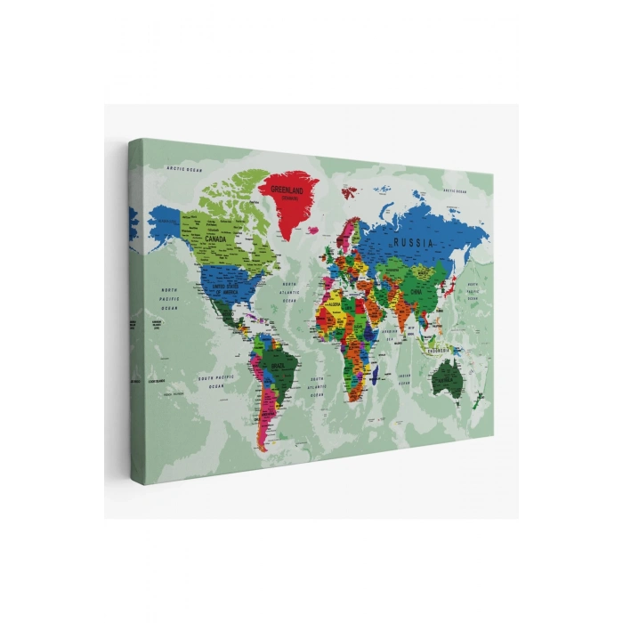 Dünya Haritası Son Derece Ayrıntılı Eğitici Okyanuslu Dekoratif Kanvas Tablo 2553