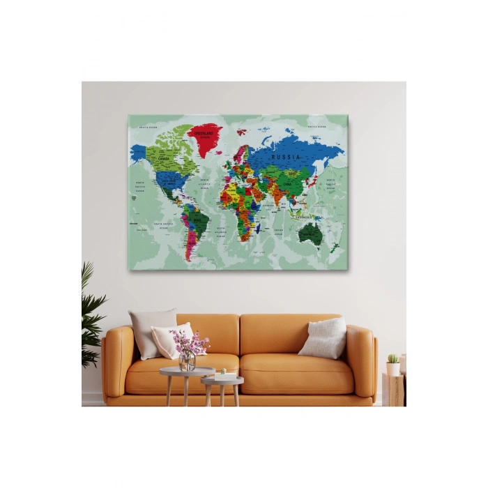 Dünya Haritası Son Derece Ayrıntılı Eğitici Okyanuslu Dekoratif Kanvas Tablo 2553