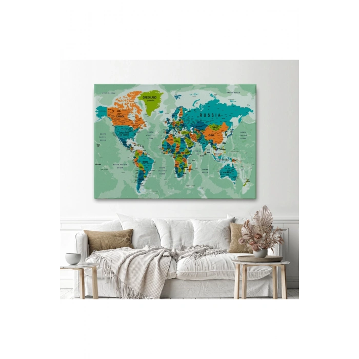 Dünya Haritası Son Derece Ayrıntılı Eğitici  Okyanuslu Kanvas Tablo 2543