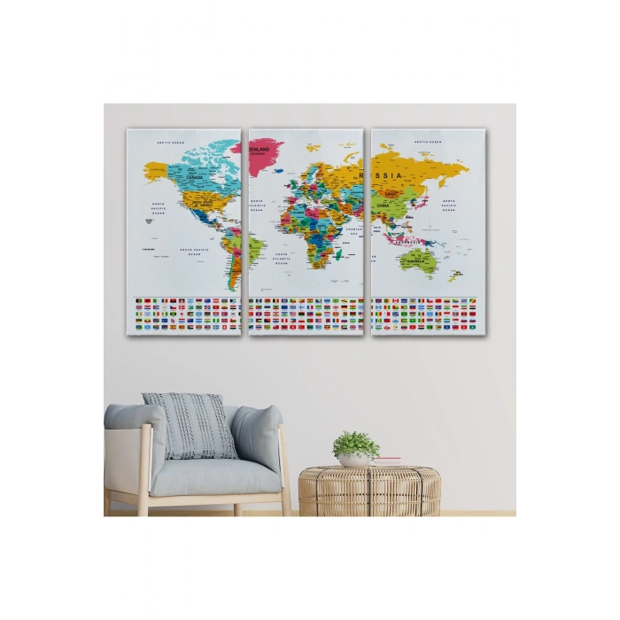 Dünya Haritası Son Derece Ayrıntılı Eğitici  ve Bayraklı Dekoratif Kanvas Tablo 2796