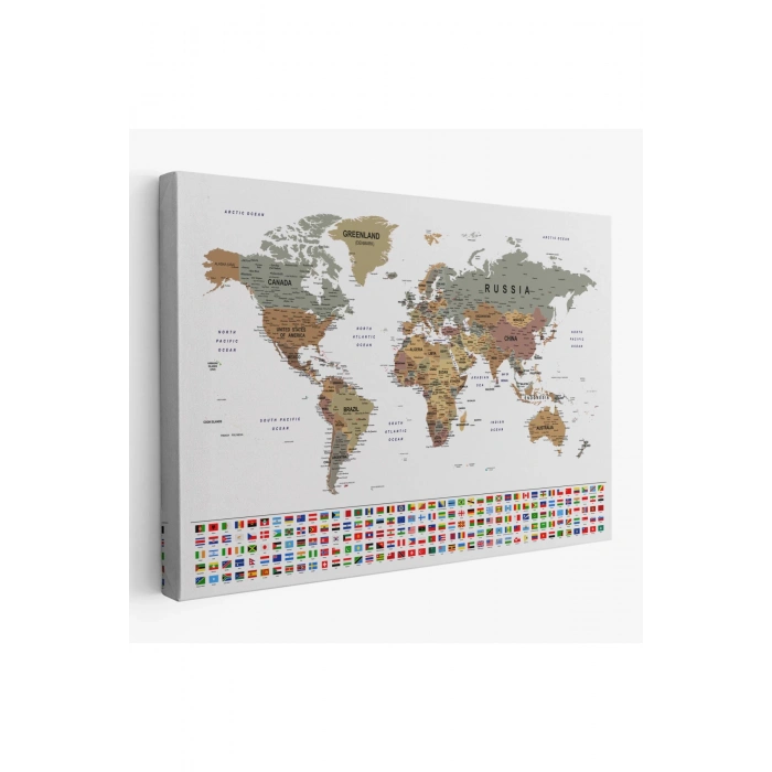 Dünya Haritası Son Derece Ayrıntılı Eğitici  ve Bayraklı Dekoratif Kanvas Tablo2808
