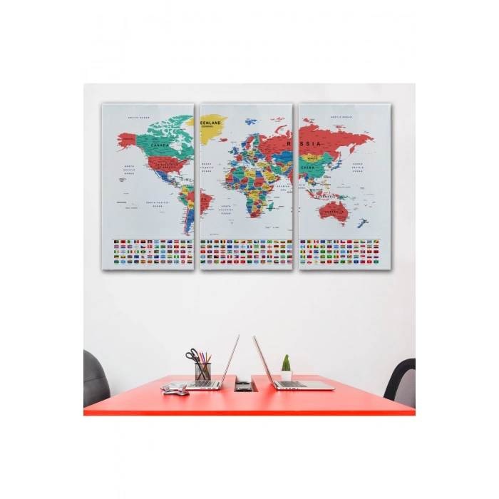 Dünya Haritası Son Derece Ayrıntılı Eğitici  ve Bayraklı Kanvas Tablo 2794