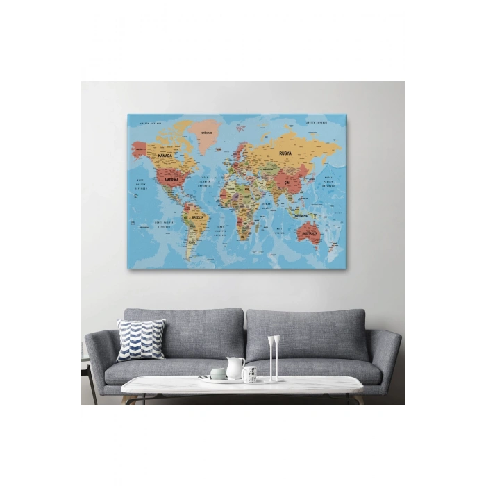 Dünya Haritası Türkçe Kanvas Tablo Ayrıntılı Dekoratif-Okyanuslu 2162