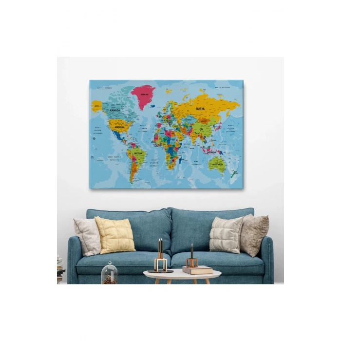 Dünya Haritası Türkçe Kanvas Tablo Ayrıntılı Dekoratif-Okyanuslu 2170