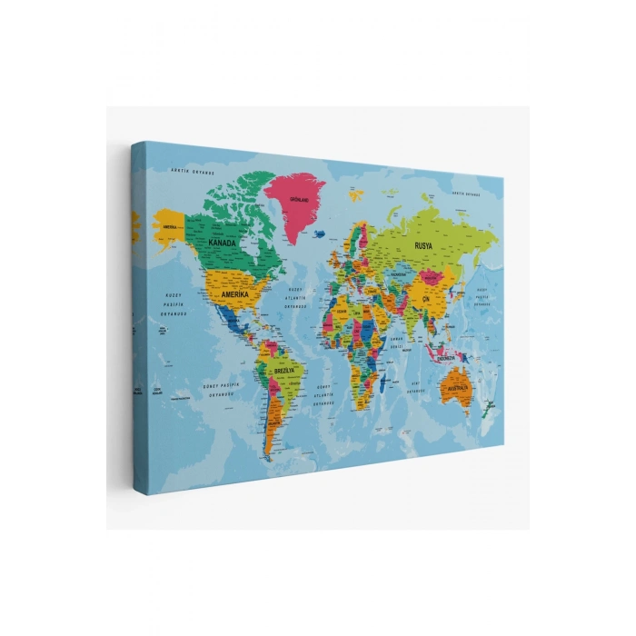 Dünya Haritası Türkçe Kanvas Tablo Ayrıntılı Dekoratif-Okyanuslu 2172