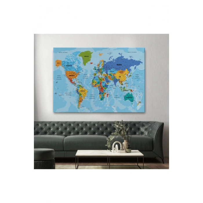 Dünya Haritası Türkçe Kanvas Tablo Ayrıntılı Dekoratif-Okyanuslu 2188