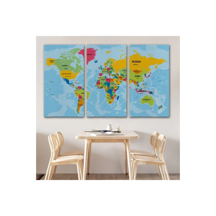 Dünya Haritası Ülke Başkentli Okyanuslu ve Dekoratif Kanvas Tablo 2243