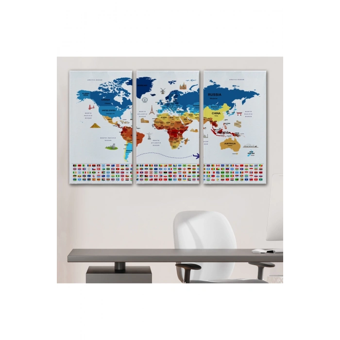 Dünya Haritası Ülke Bayraklı ve Başkentli Kanvas Tablo 1899