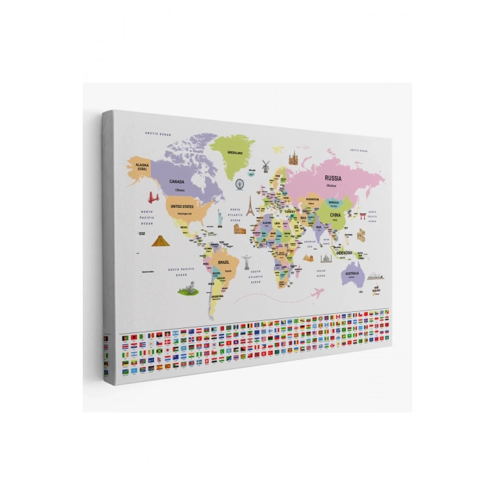 Dünya Haritası Ülke Bayraklı ve Başkentli Kanvas Tablo 1925