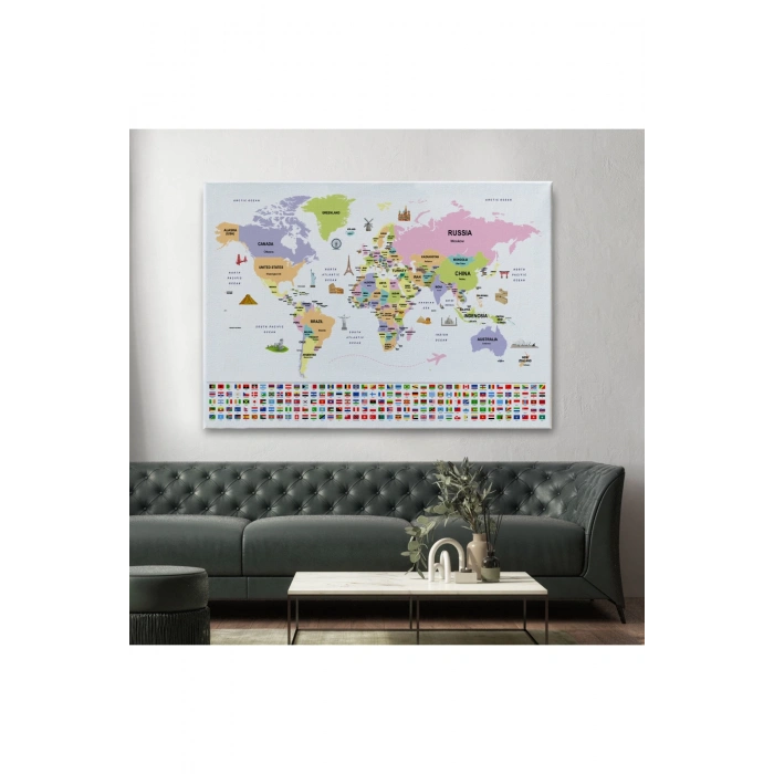 Dünya Haritası Ülke Bayraklı ve Başkentli Kanvas Tablo 1925