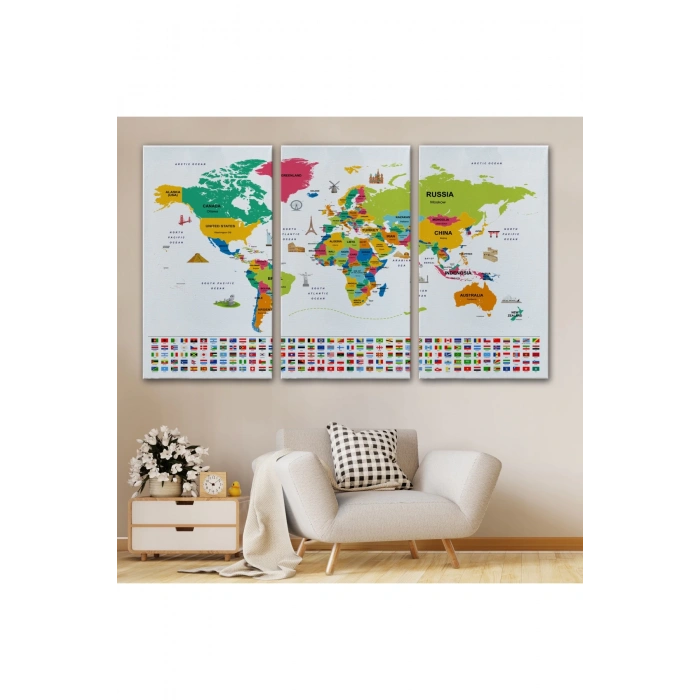 Dünya Haritası Ülke Bayraklı ve Başkentli Kanvas Tablo 1951