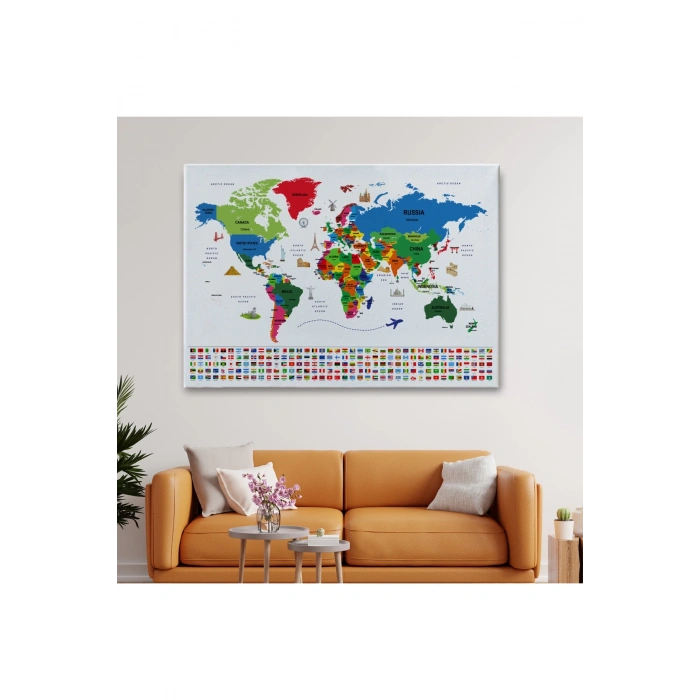 Dünya Haritası Ülke Bayraklı ve Başkentli Kanvas Tablo 1963