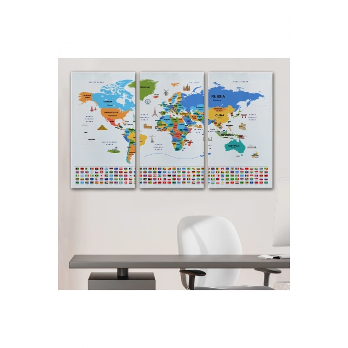 Dünya Haritası Ülke Bayraklı ve Başkentli Kanvas Tablo 1967