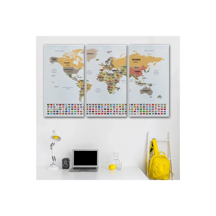 Dünya Haritası Ülke Bayraklı ve Dekoratif Kanvas Tablo 2381