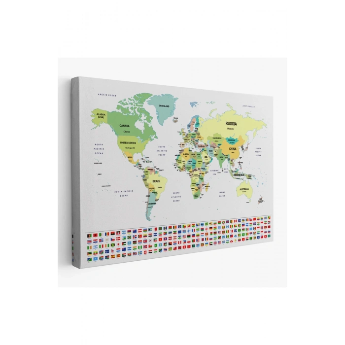Dünya Haritası Ülke Bayraklı ve Dekoratif Kanvas Tablo 2389