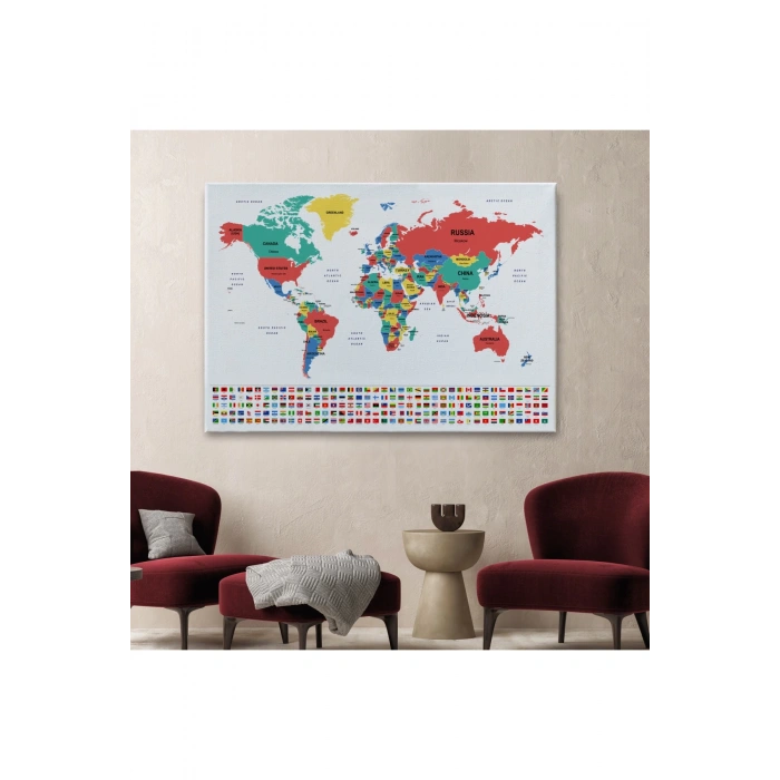 Dünya Haritası Ülke Bayraklı ve Dekoratif Kanvas Tablo 2393