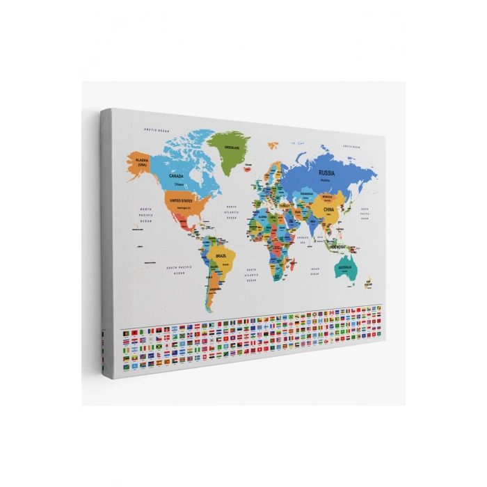 Dünya Haritası Ülke Bayraklı ve Dekoratif Kanvas Tablo 2413