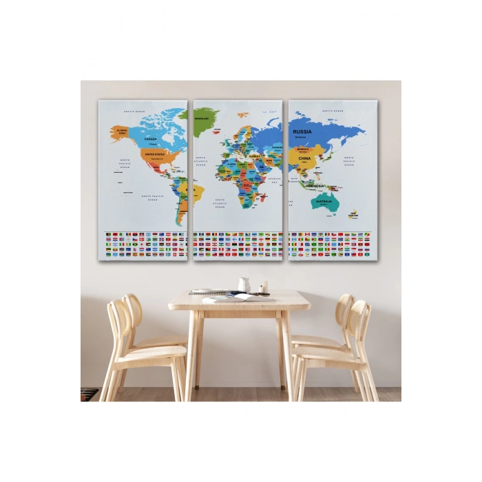 Dünya Haritası Ülke Bayraklı ve Dekoratif Kanvas Tablo 2413