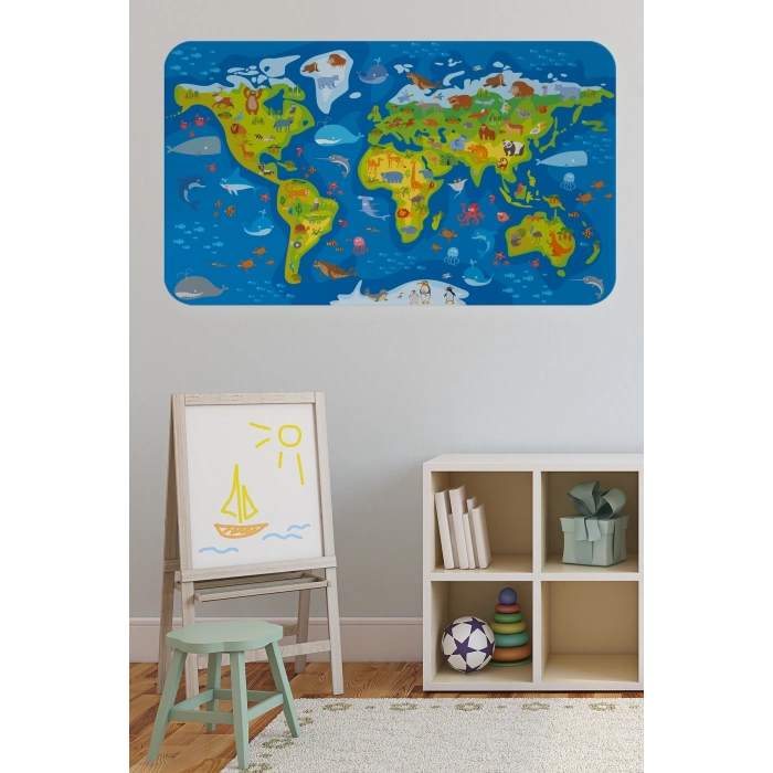 Eğitici Dünya Haritası Dünya Atlası Çocuk ve Bebek Odası Duvar Sticker-60x105-3774