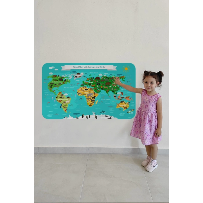 Eğitici Dünya Haritası Dünya Atlası Çocuk ve Bebek Odası Duvar Sticker-60x105-3780