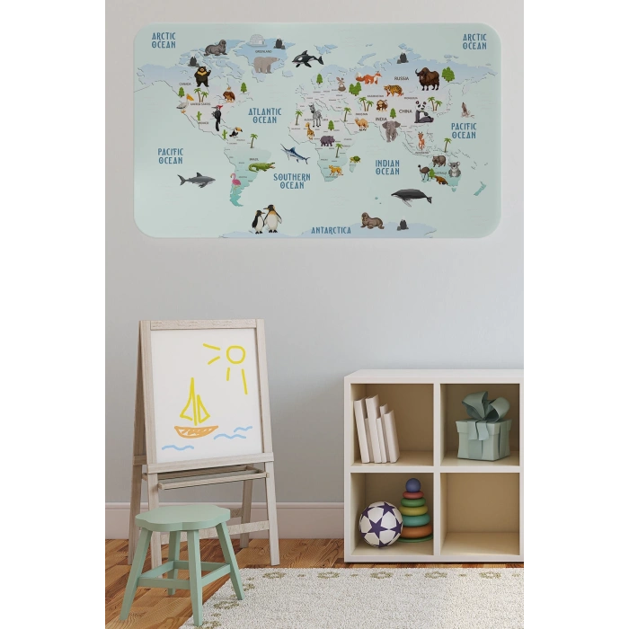 Eğitici Dünya Haritası Dünya Atlası Çocuk ve Bebek Odası Duvar Sticker-60x105-3796