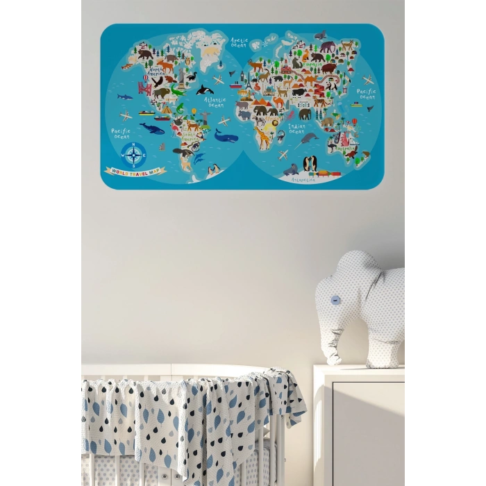 Eğitici Dünya Haritası Dünya Atlası Çocuk ve Bebek Odası Duvar Sticker -60x105-3806