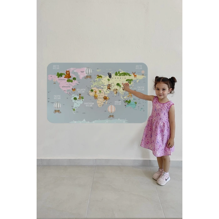Eğitici Dünya Haritası Dünya Atlası Çocuk ve Bebek Odası Duvar Sticker -60x105-3816