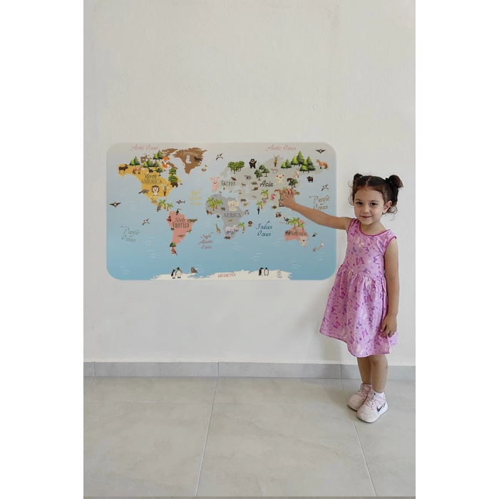 Eğitici Dünya Haritası Dünya Atlası Çocuk ve Bebek Odası Duvar Sticker -60x105-3824