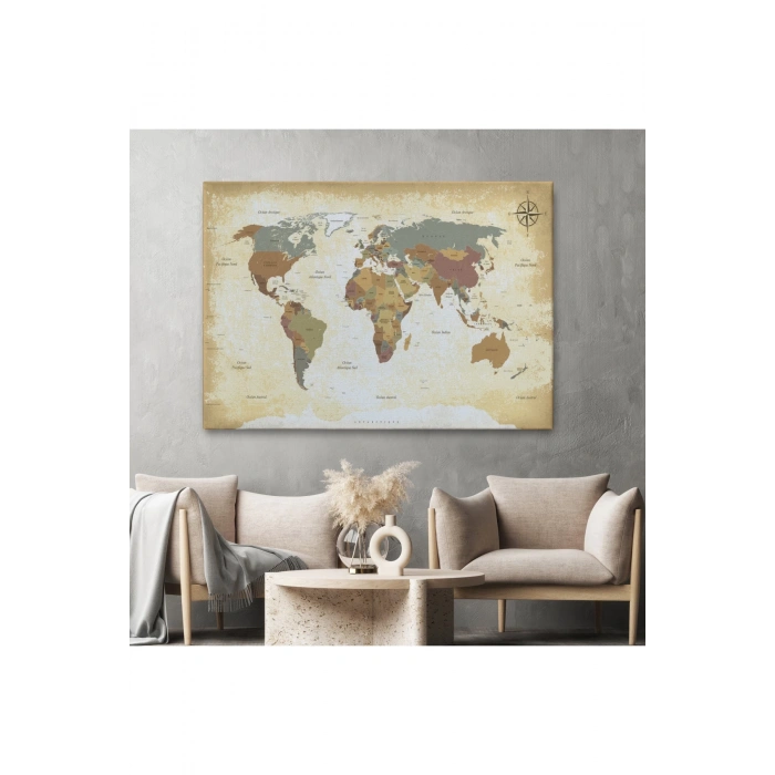 Eskitme Dünya Haritası  Vintage Dekoratif Kanvas Tablo 1093