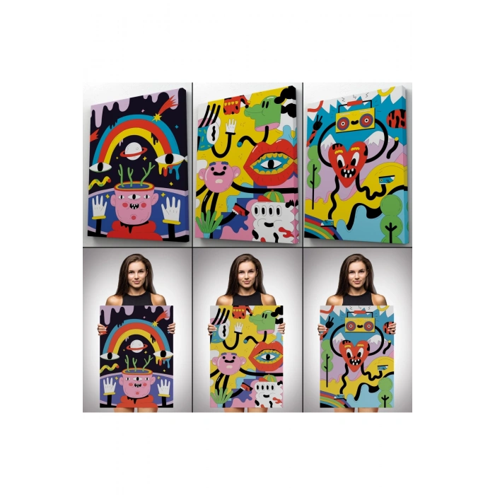 Eylenceli Genç Odası Dekoratif Duvar Tablosu Üçlü Set-EÖ-114