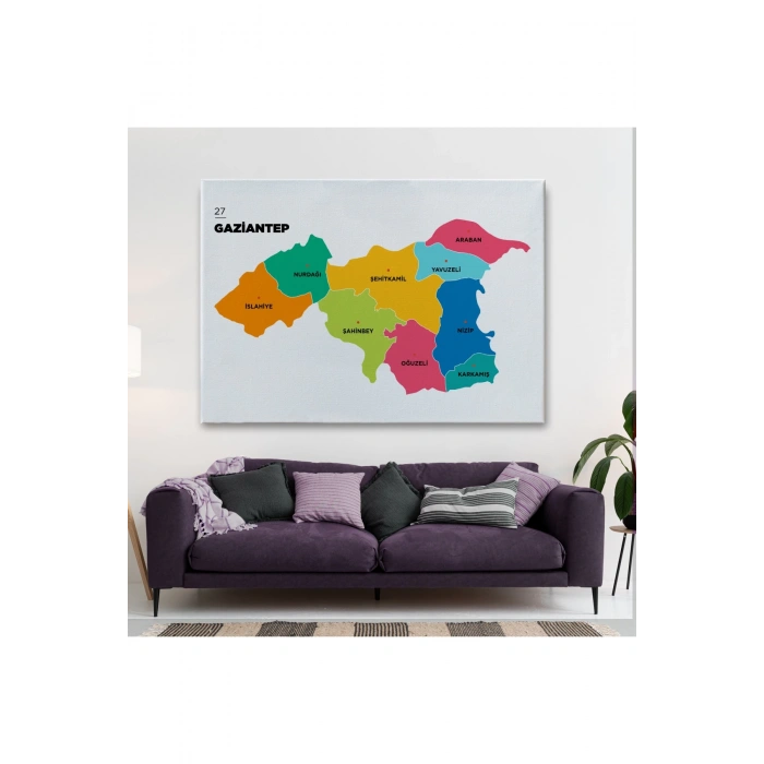 Gaziantep  İli ve İlçeler Haritası  Dekoratif Kanvas Tablo 1342