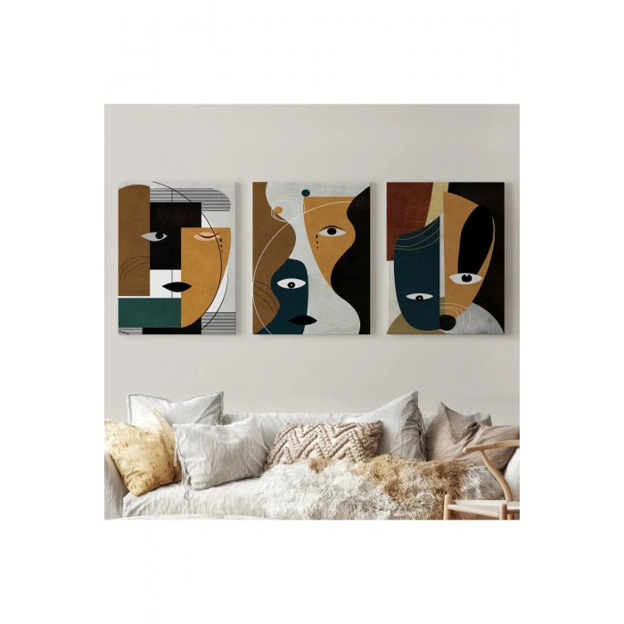 Gerçeküstü Soyut Yüzler Dekoratif Duvar Tablosu Üçlü Set-DO-91