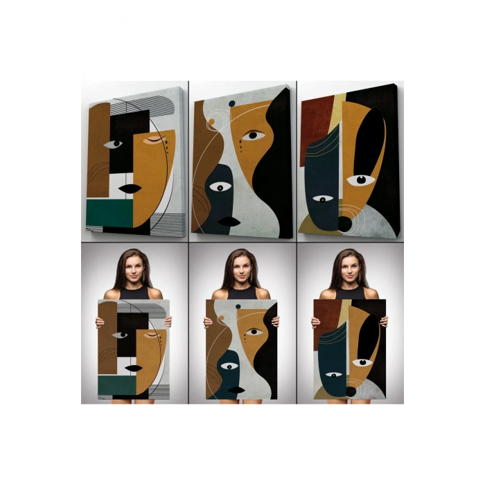 Gerçeküstü Soyut Yüzler Dekoratif Duvar Tablosu Üçlü Set-DO-91