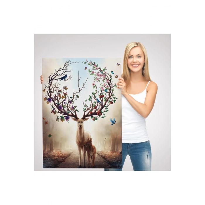 Geyik YBoynuzları Üzerinde Renkli Kuşlar Tablosu-6477