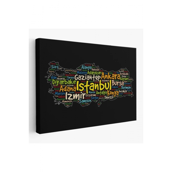 İller İsimli Siyah Zeminli Dekoratif Kanvas Tablo 1005