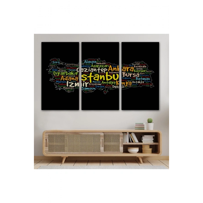 İller İsimli Siyah Zeminli Dekoratif Kanvas Tablo 1005