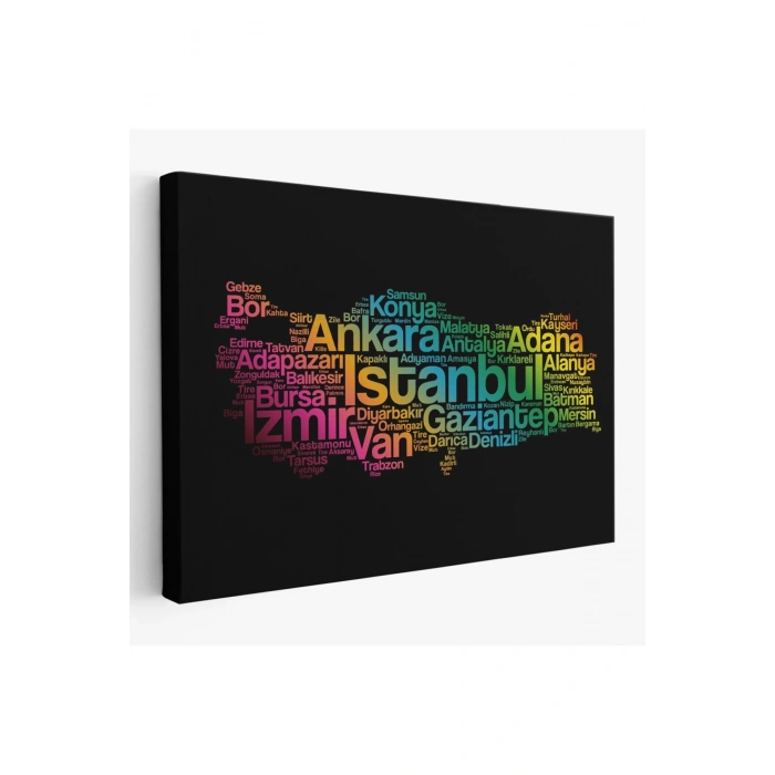 İller İsimli Siyah Zeminli Dekoratif Kanvas Tablo 1016