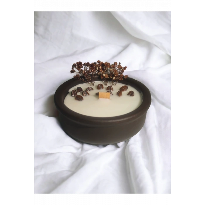 Kahve Kokulu Aromaterapi Mum, Ahşap Fitilli, Dekoratif Doğal Çömlek Mum