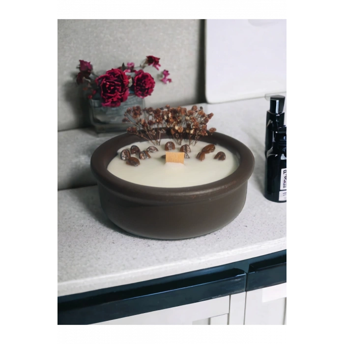 Kahve Kokulu Aromaterapi Mum, Ahşap Fitilli, Dekoratif Doğal Çömlek Mum