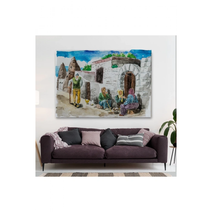 Kapadokya Göremede Bir Köy Suluboya Görünüm Dekoratif Tablo-3756