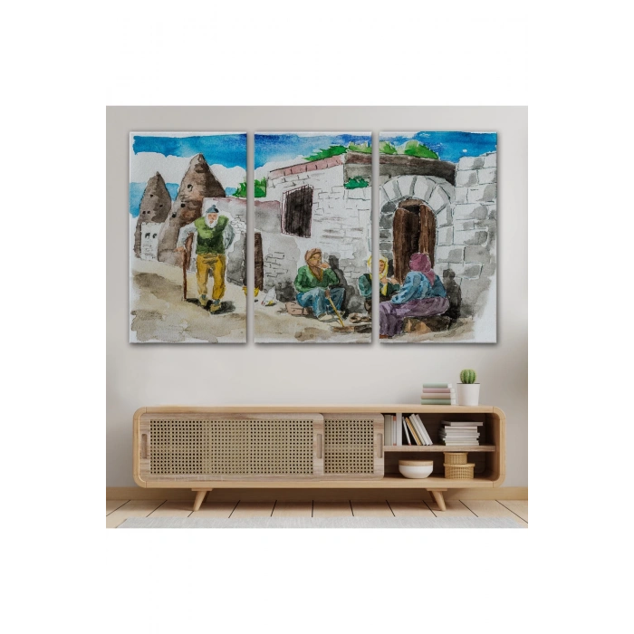 Kapadokya Göremede Bir Köy Suluboya Görünüm Dekoratif Tablo-3756
