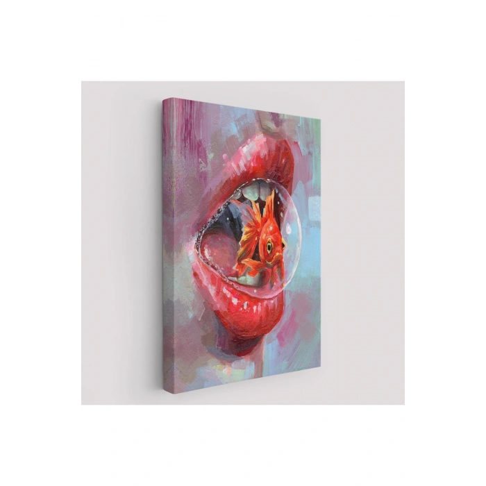 Kırmızı Rujlu Dudak Balon Içerisinde Turuncu Japon Balığı Duvar Tablosu-6293