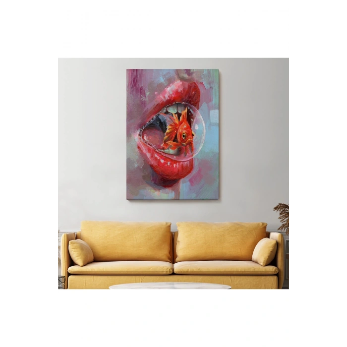 Kırmızı Rujlu Dudak Balon Içerisinde Turuncu Japon Balığı Duvar Tablosu-6293