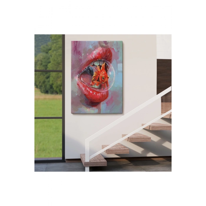 Kırmızı Rujlu Dudak Balon Içerisinde Turuncu Japon Balığı Duvar Tablosu-6293