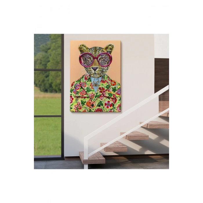 Kokoş Leopar, Çiçek Taçlı Sosyetik Leopar Tablosu -6325