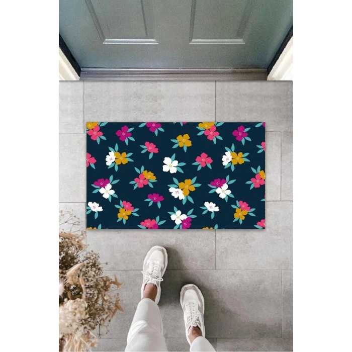 Koyu Pembe Kapı Önü Paspası Çiçekler Desen  K-3251