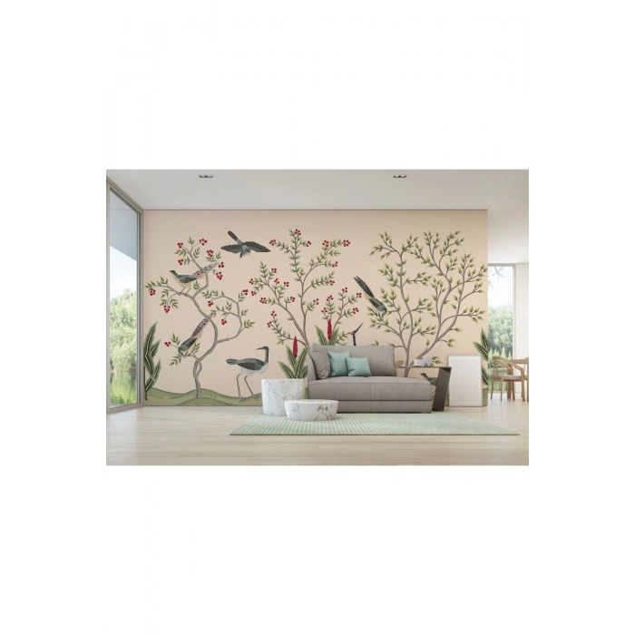Kuşburnu Ağacı ve Kuşlar Desenli Dekoratif Duvar Kağıdı-5619